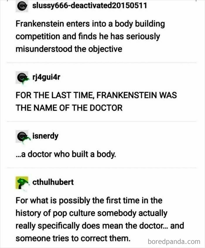 Screenshot of a humorous online discussion showing misunderstandings and failed corrections of Frankenstein in a funny context.