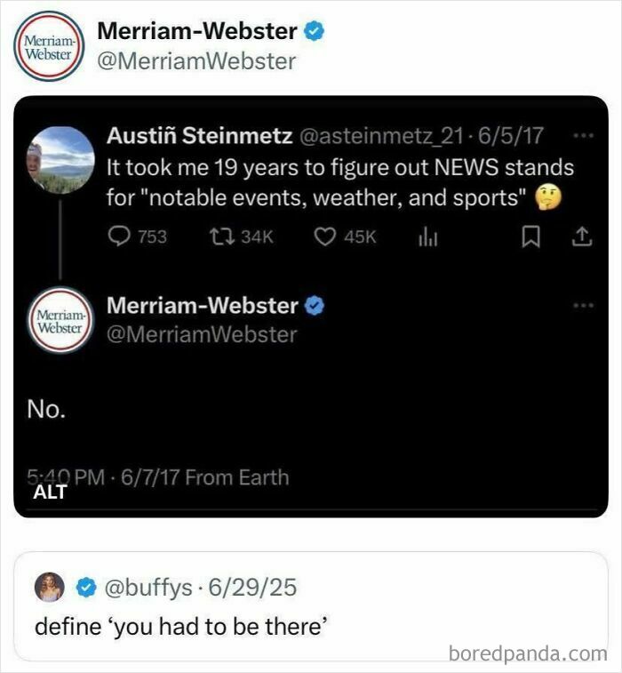 Twitter exchange showing humorous fail where Merriam-Webster corrects a wrong meaning, highlighting funny moments of trying and failing.
