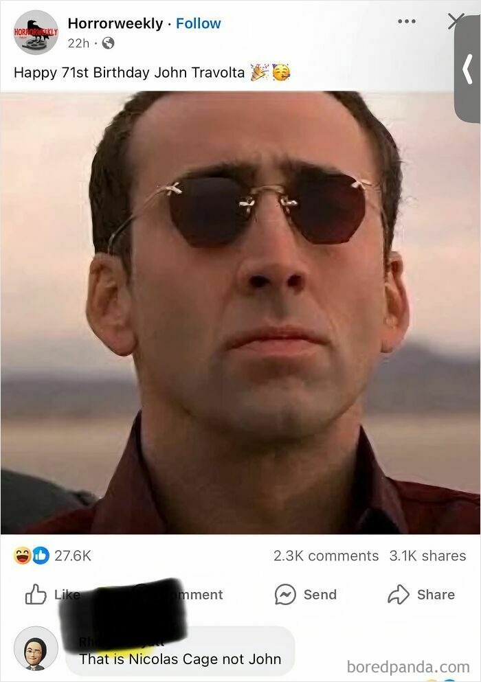 Close-up of a man wearing sunglasses outdoors with a social media comment highlighting a humorous mistaken identity fail.