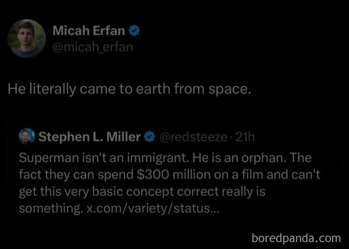 Tweet exchange debating Superman’s origin, highlighting humorous fails in trying to fix misunderstandings about characters.