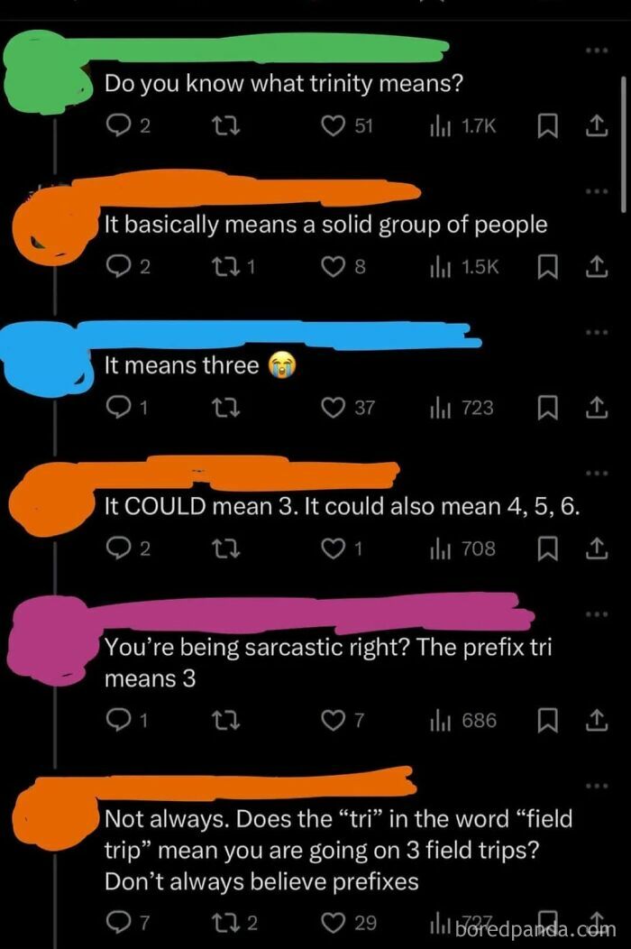 Screenshot of a humorous social media thread showing a failed attempt to explain the meaning of the word trinity.