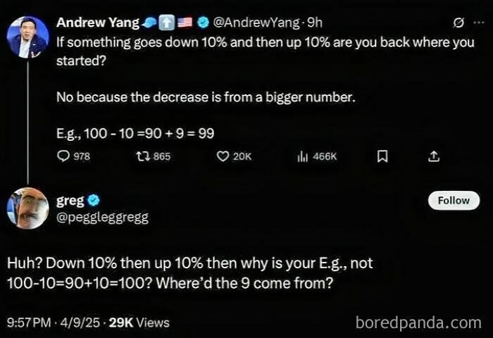 Screenshot of a Twitter exchange showing a math misunderstanding illustrating watching stupidity fail hilariously.