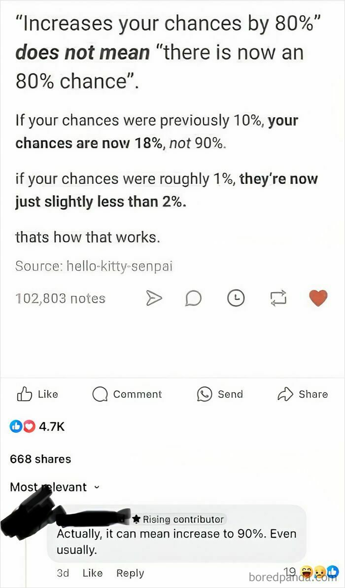 Text post explaining chances increasing by 80% does not mean 80% chance, illustrating common misunderstanding humorously.