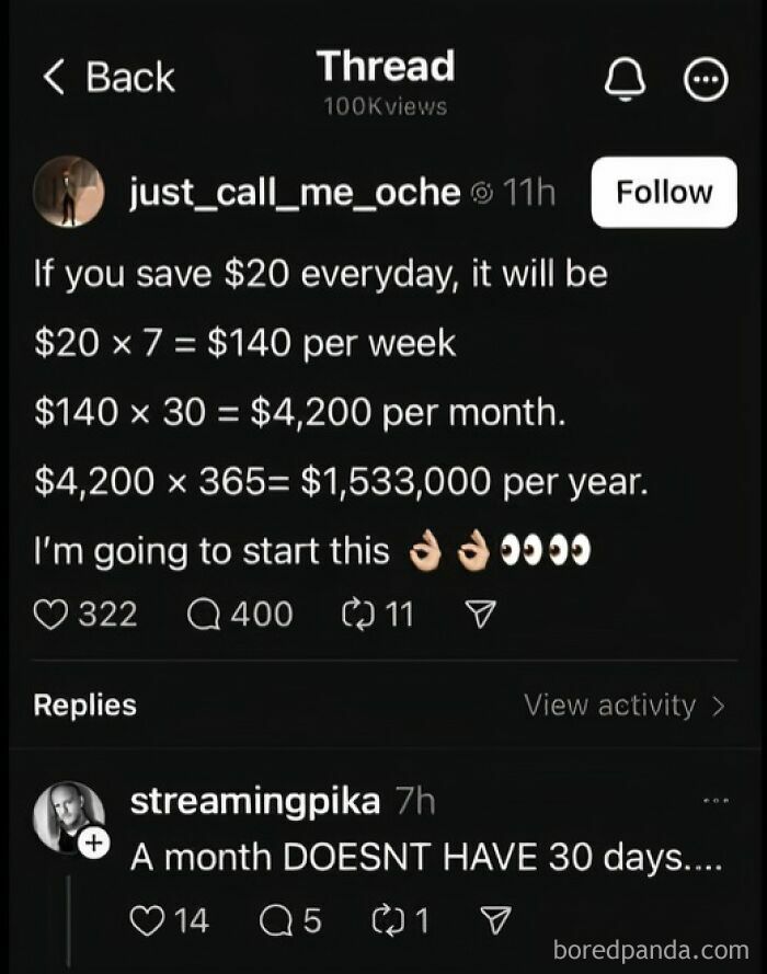 Screenshot of a social media thread showing a math fail about saving money daily with a correction about days in a month.