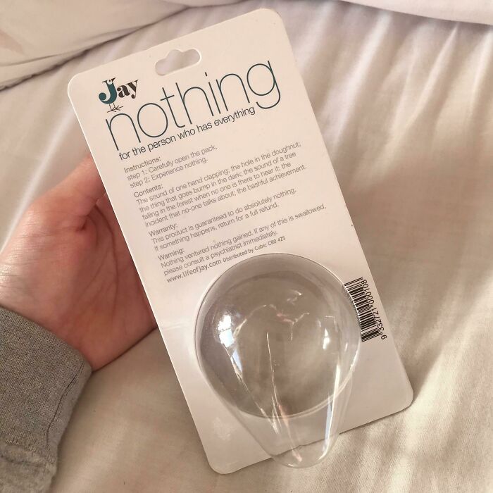 Clear packaged product labeled nothing, a hilariously bad Secret Santa gift for the person who has everything.
