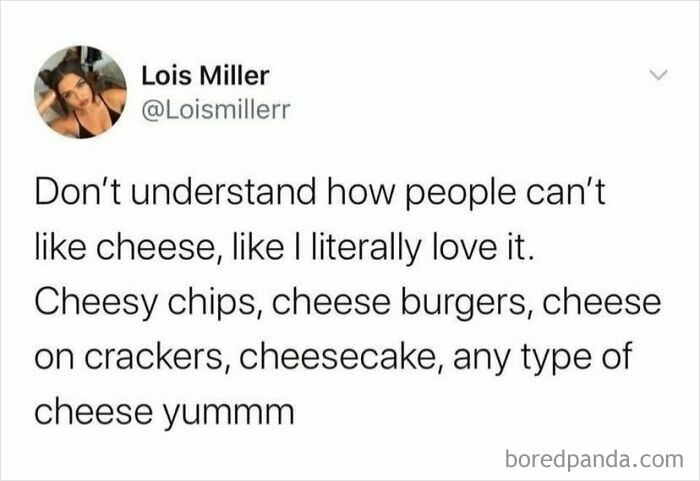 Food meme about loving cheese in various dishes, shared humorously while waiting for dinner to be served.