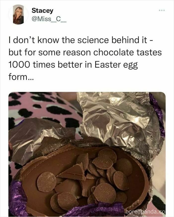 Tweet about chocolate tasting better in Easter egg form with a photo of a partially eaten chocolate Easter egg, food memes.