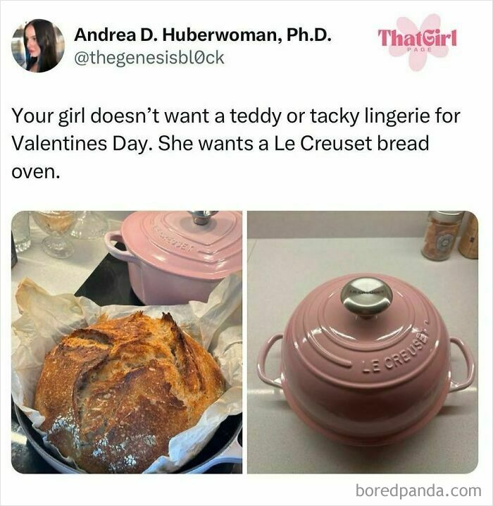Tweet about preferring a Le Creuset bread oven over gifts, alongside images of the bread oven and freshly baked bread, food memes.