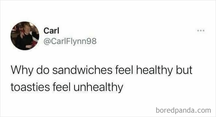 Tweet humor about sandwiches and toasties, a hilarious food meme to laugh at while waiting for dinner.