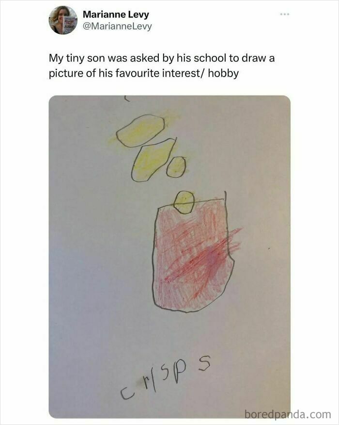 Child's drawing of crisps with handwritten label, featured in hilarious food memes to laugh at while waiting for dinner.