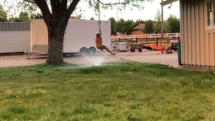Child on a swing playing near a sprinkler in a backyard, capturing the fun of life with siblings outdoors.