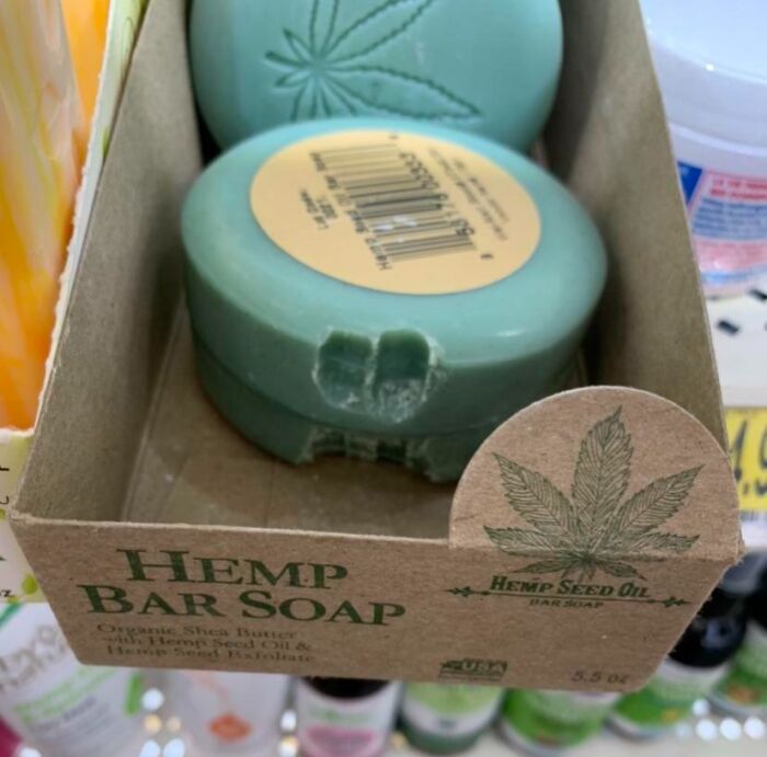 Hemp bar soap with hemp seed oil displayed on a store shelf, relating to wild photos depicting Walmart people.