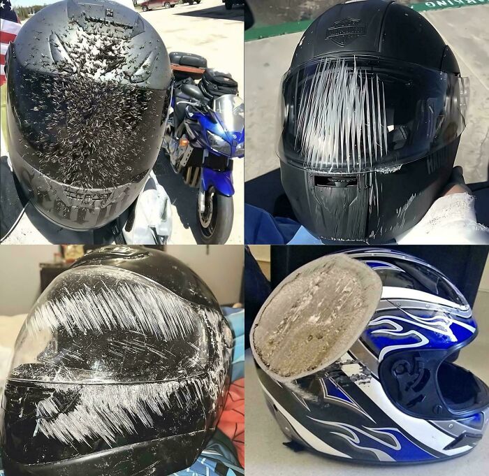 Helmets displaying damage and scratches, showcasing interesting motorcycle safety impacts from real-life experiences.