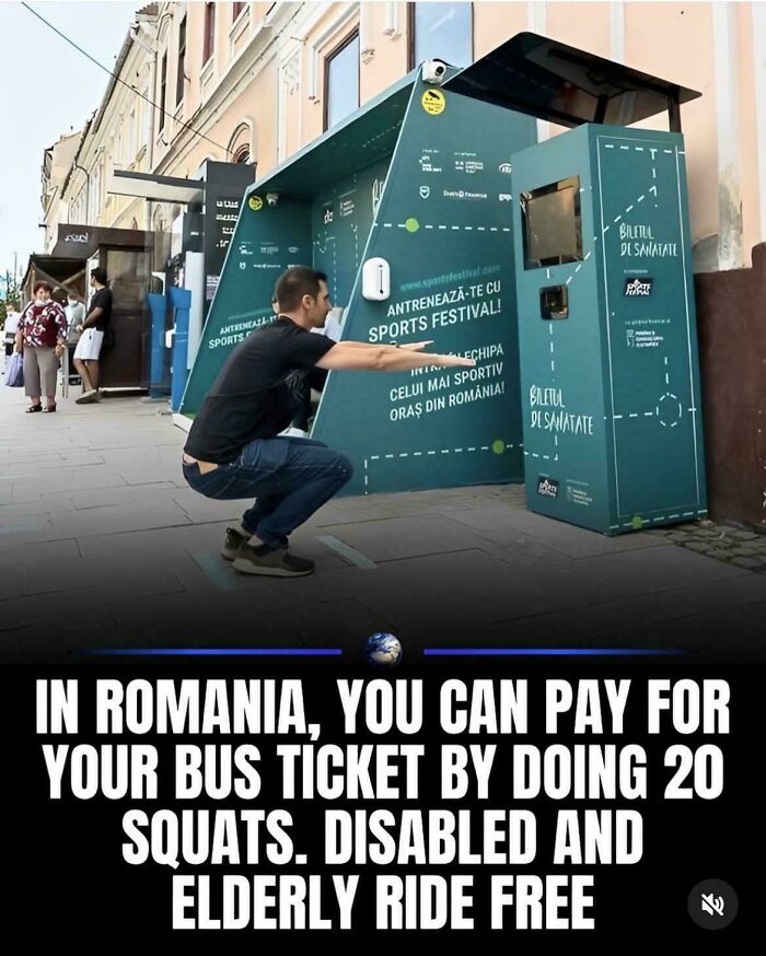 Man doing squats at a bus ticket machine in Romania, an interesting way to pay by physical activity on the street.