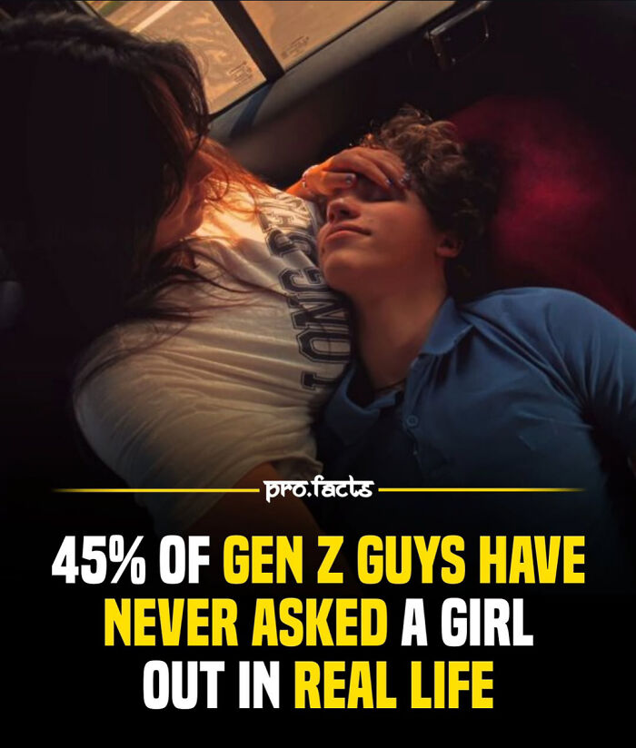 Young couple lying together with text highlighting Gen Z guys who have never asked a girl out in real life, interesting fact.