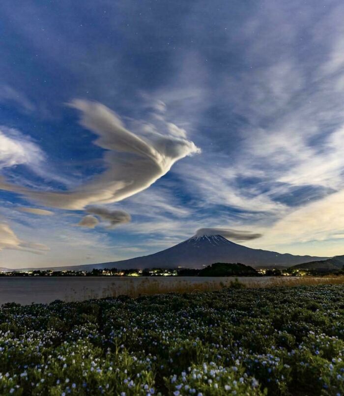 Unusual cloud formation resembling a bird over a mountain at night, an interesting natural phenomenon captured and shared online.