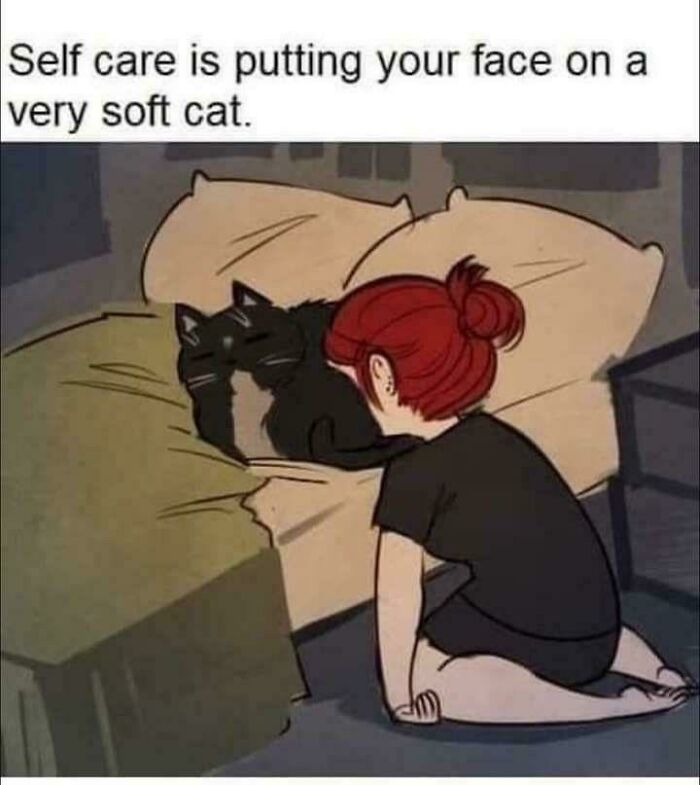 Person resting face on a soft black cat on a bed, illustrating comfort and self care with cat memes as happy place.
