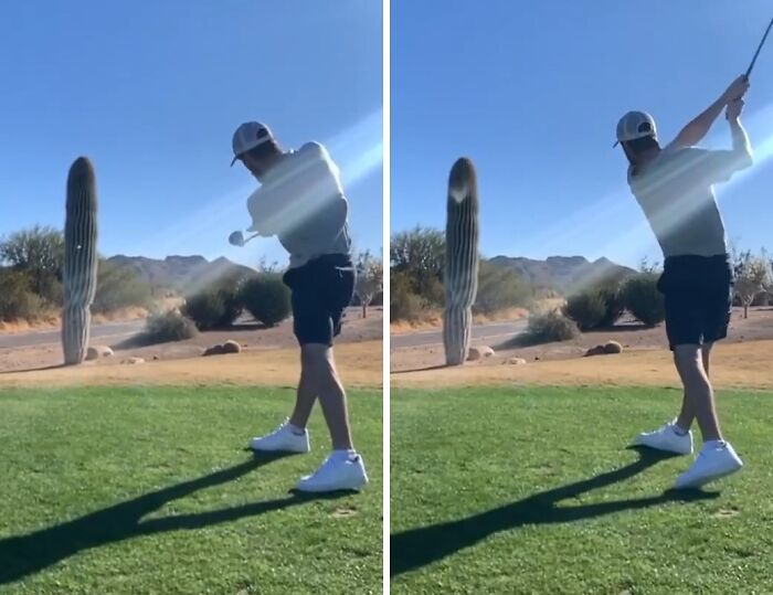 Golfer swinging on desert course beside a tall cactus, Next-Level Jerks behavior captured