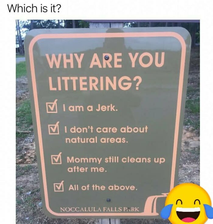 Funny stupid signs pic showing a littering sign with humorous checkboxes at Noccalula Falls Park outdoors.