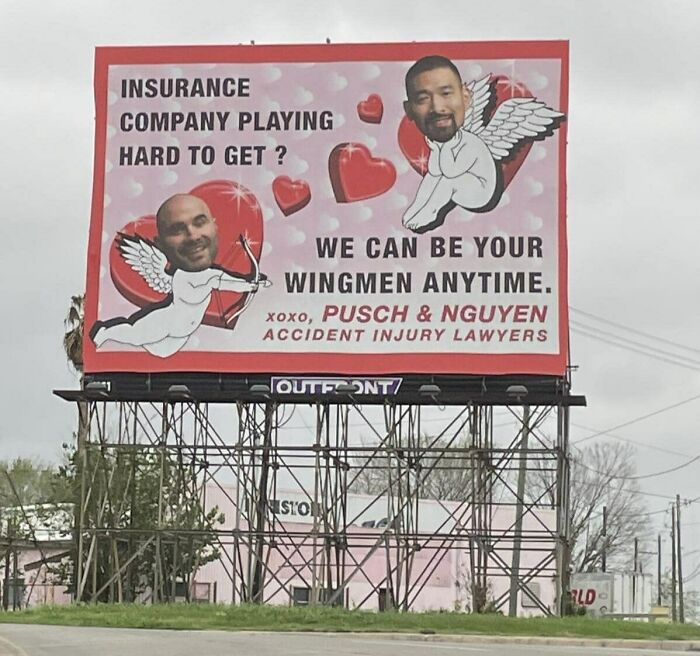Billboard with funny stupid signs pics showing lawyers as winged cupids offering help with insurance claims.
