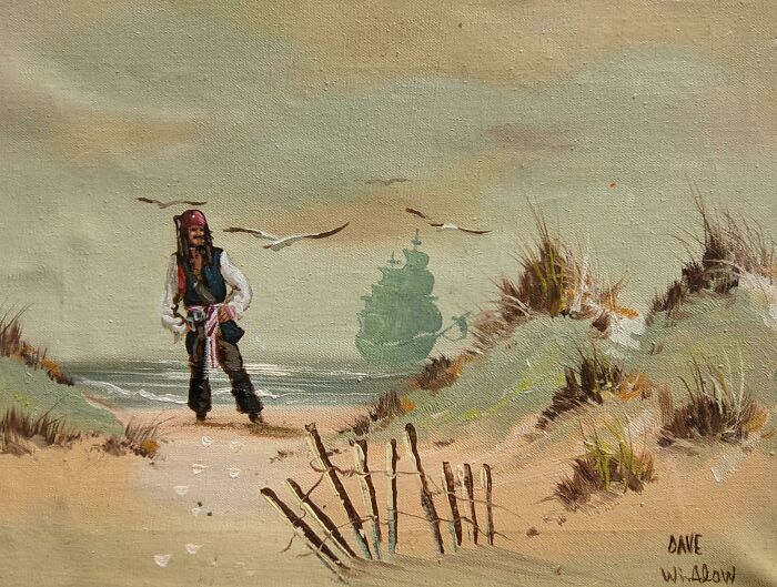Thrifted painting of a pirate on a beach with seagulls and a ghost ship, personalized with a funny unexpected twist.