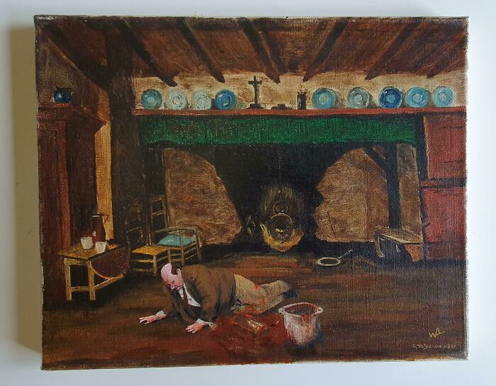Thrifted painting personalized with a humorous touch showing a man crawling inside a rustic room near a fireplace.