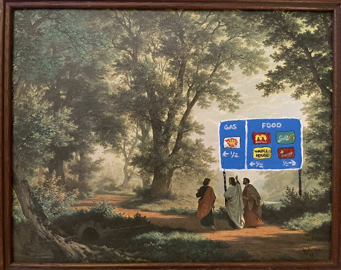 Classic landscape painting personalized with a humorous thrifted painting twist featuring modern gas and food signs.