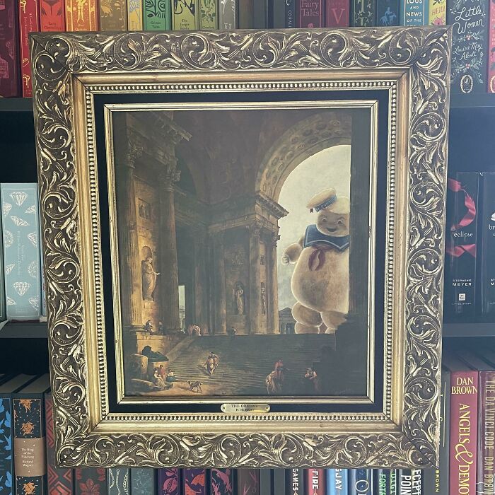 Thrifted painting personalized with a funny Stay Puft Marshmallow Man in a classical architectural scene.