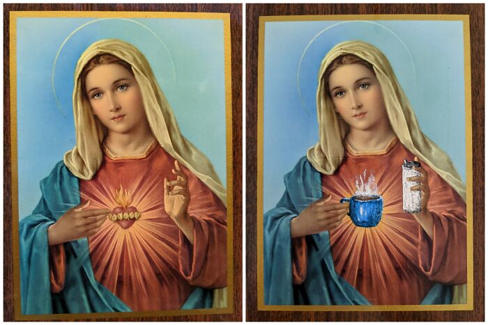 Side-by-side thrifted painting personalized with an added funny unexpected coffee cup and salt shaker detail.