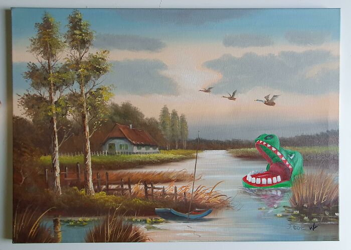 Thrifted painting of a countryside river scene with a humorous oversized green dinosaur head floating in the water.