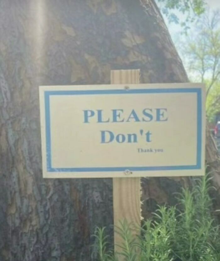 Sign with vague funny message saying Please Don't on wooden post near tree, a funny stupid signs pic.
