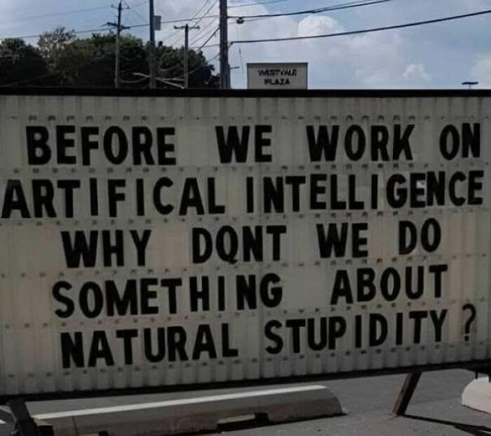 Outdoor sign with a funny stupid message questioning AI and natural stupidity, among power lines and trees.
