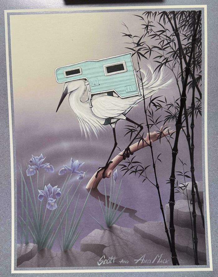 Thrifted painting of a bird with a camper added humorously perched on a branch among flowers and bamboo.