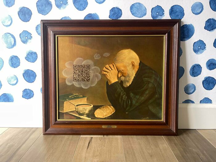 Thrifted painting of an elderly man praying with a humorous QR code added in the thought bubble above him.