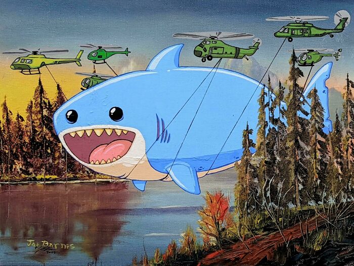 Painted thrifted landscape altered with a large cartoon shark humorously lifted by military helicopters.