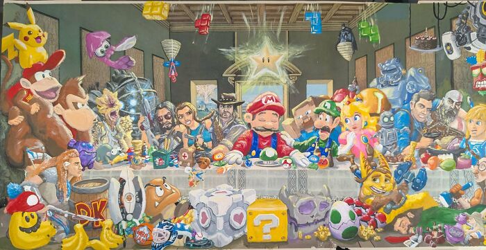 Colorful personalized thrifted painting featuring iconic video game characters in a humorous and unexpected scene.