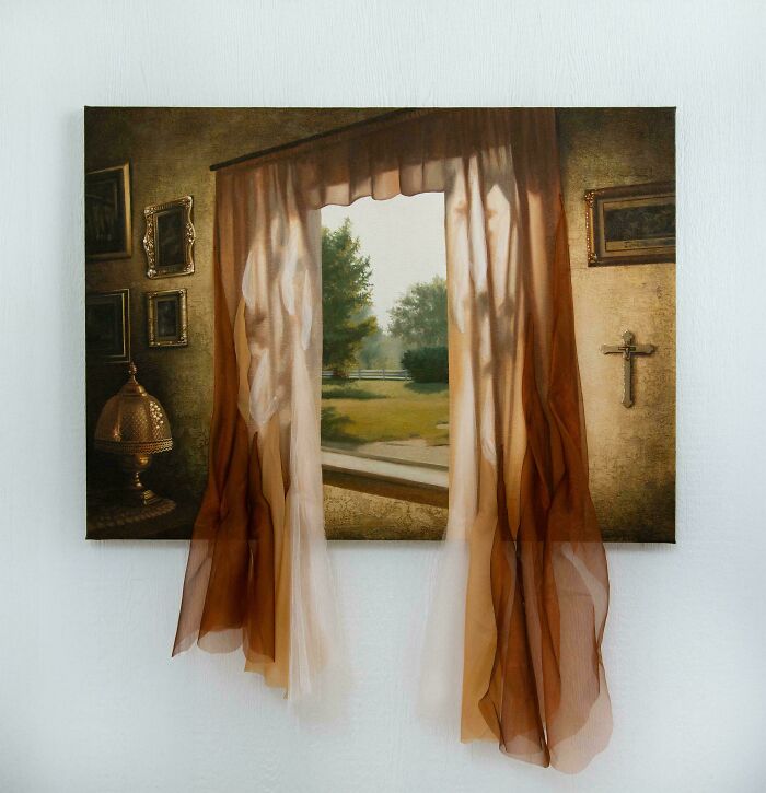 Thrifted painting with curtains added spilling out, creating a funny and unexpected personalized art piece.