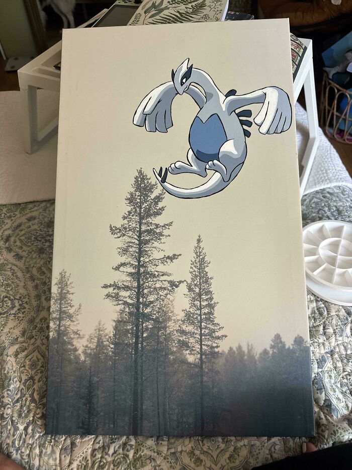 Thrifted painting of foggy forest personalized with a funny cartoon character added in an unexpected way.