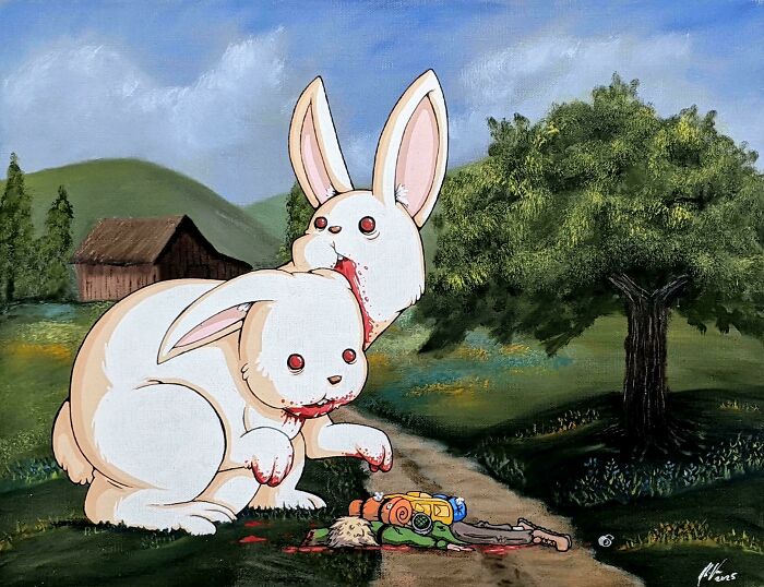 Two large rabbits in a thrifted painting with unexpected horror elements added for funny personalization.