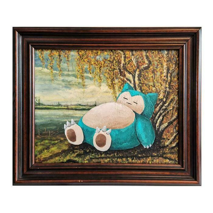 Thrifted painting personalized with a funny Snorlax character added resting against a tree in a scenic landscape.