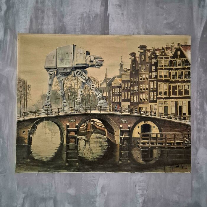 Thrifted painting of a city canal altered with a humorous addition of a large robotic walker crossing the bridge.