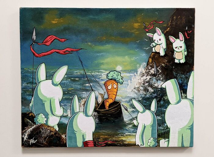 Thrifted painting personalized with funny and unexpected cartoon bunnies surrounding a sad carrot in a boat at sea.