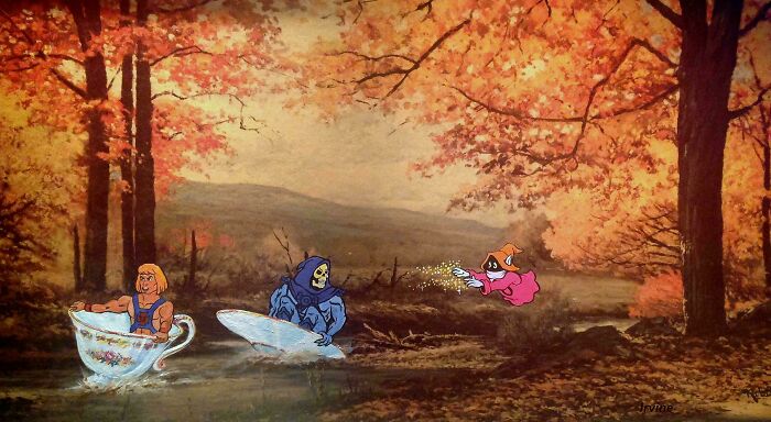 Autumn forest painting personalized with funny and unexpected cartoon characters added to vintage thrifted artwork.