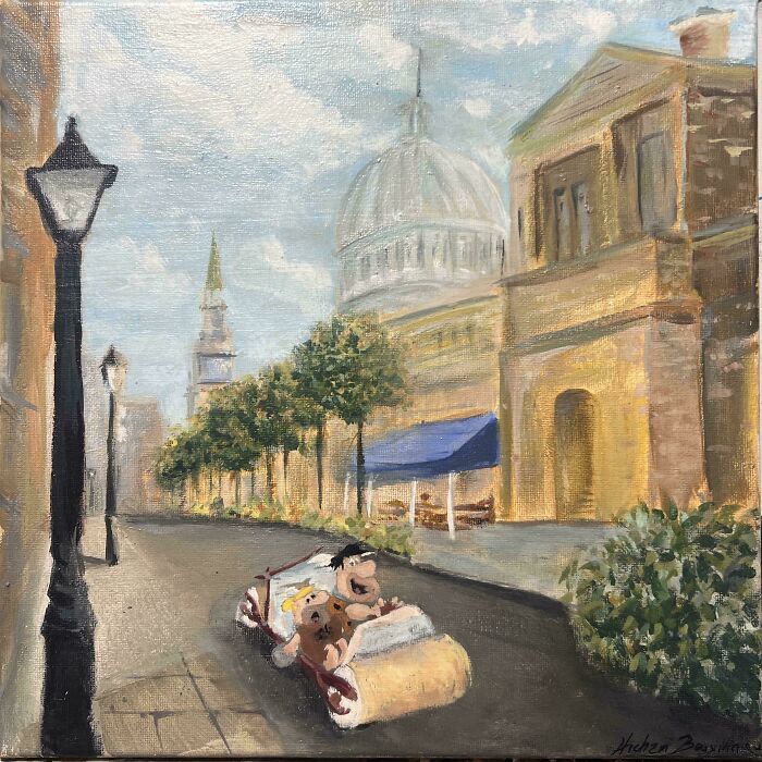 Thrifted painting of a city street with vintage buildings and a funny unexpected twist of cartoon characters driving a stone car.