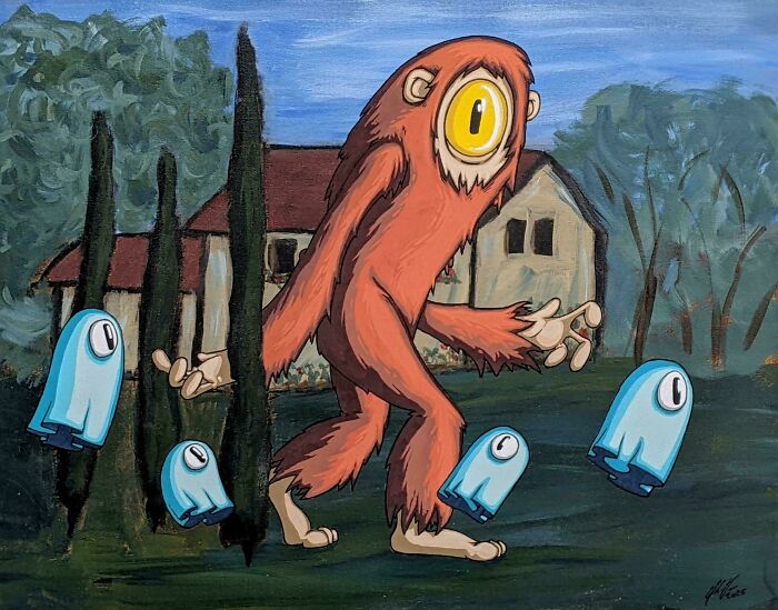 Colorful thrifted painting featuring a one-eyed monster and four floating blue ghost characters in a forest setting.