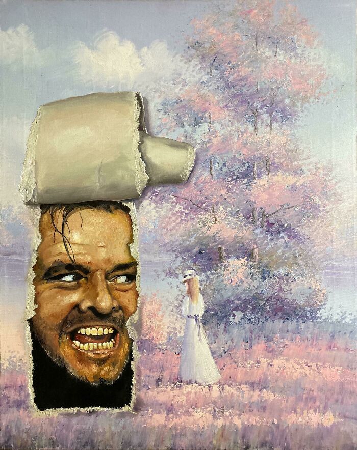 Thrifted painting personalized with humorous unexpected addition of a man’s face breaking through a romantic landscape.