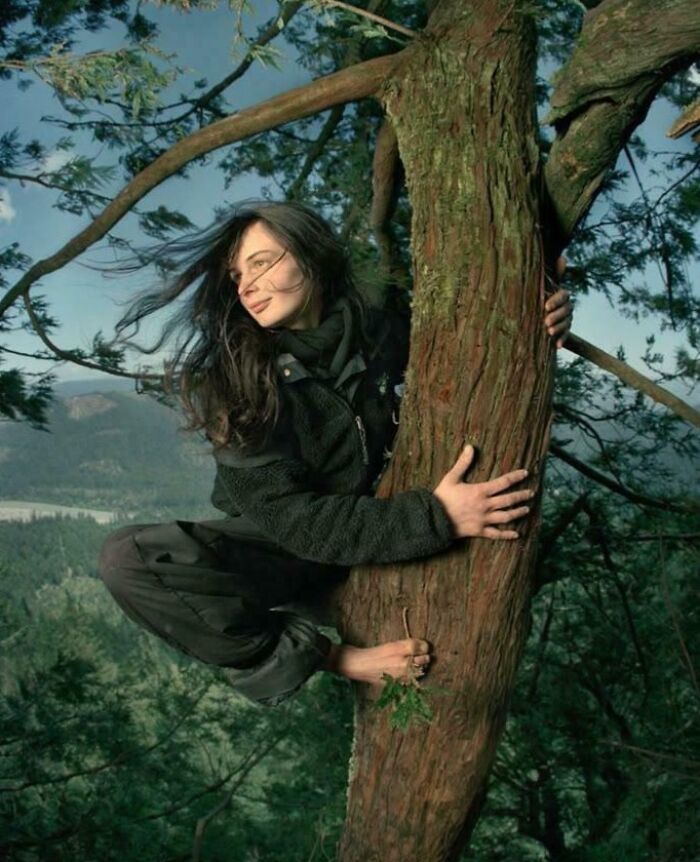 Woman climbing and hugging a tree surrounded by forest, showcasing an interesting moment to share on the internet.