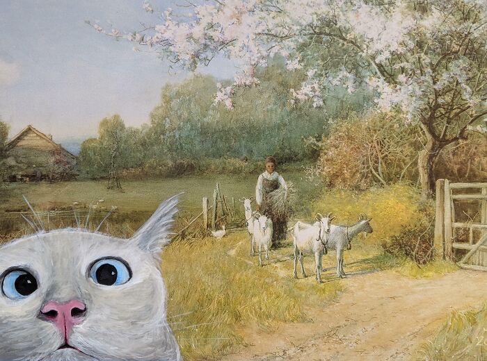 Close-up of a curious cat added humorously to a personalized thrifted painting featuring a rural scene with goats and a woman.