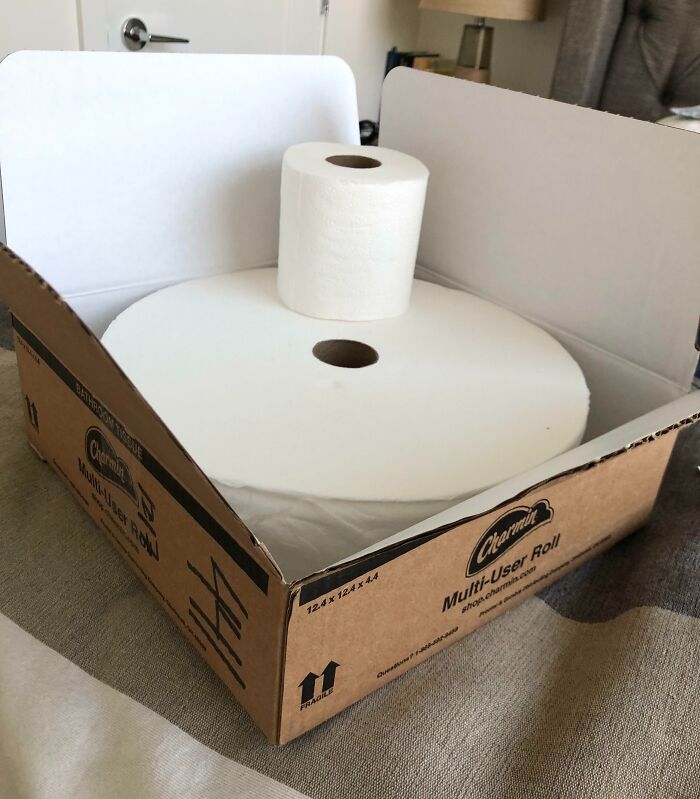 Box containing a giant toilet paper roll with a regular-sized roll on top, a bizarre Christmas gift surprise.