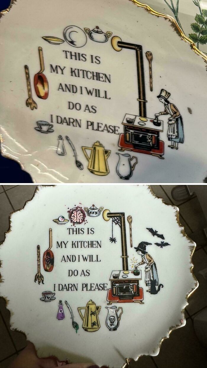 Thrifted painting with humorous personalized kitchen scene showing a witch and spooky details around the stove.
